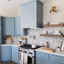 This Baby Blue Kitchen Designed By Designshopinteriors Features Our Sequel Quartz In Brilliant White Kitchen Design Blue Kitchens Small Apartment Kitchen