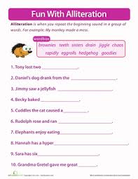 They can analyse the poem to pick up on success criteria before going on to write one of their own, either on the same or a different topic. Fun With Alliteration Worksheet Education Com Alliteration Alliteration Activities Worksheets For Kids