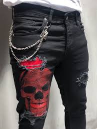 Black And Red Jeans Men Distressed Red Skull Ripped Jeans Black 4192 Streetwear Jeans Ripped Jeans Men Ripped Jeans