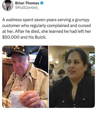 For nearly seven years, Luby's waitress Melina Salazar served 89 year old  Walter “Buck” Swords, a World War II veteran known for being difficult and  demanding. He wanted his food served extremely