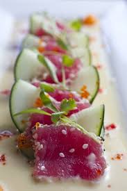 Sashimi Tiradito Nikkei Tuna With Creamy Lime Sauce Made With Soy Sauce Oyster Sauce Mirin And Sesame Seed Oil And Cucumb Food Plating Food Food Presentation