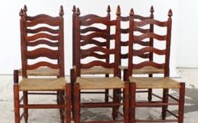 Large 19th century english carved oak armchair featuring a ladder back design and a rush seat. Lot Art Set Of Ladder Back Chairs With Rush Seats