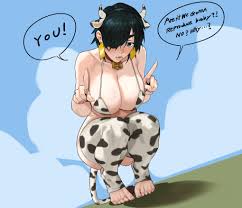 hong doo, himeno (chainsaw man), chainsaw man, highres, 1girl, animal ears,  animal print, bell, black hair, blue sky, cow ears, cow horns, cow print,  cow tail, cowbell, earrings, english text, eyepatch, fake