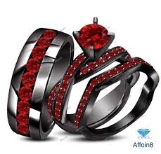 Black And Red Rings For Her 3 10ct Red Garnet 10k Black Gold Finish His Her Wedding Engagement Trio Ring Set Affoin8 Black Gold Ruby Black Gold Wedding Engagement Wedding Ring Sets