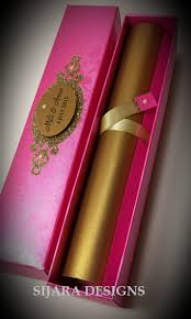 Hot Pink Scroll Box With Antique Gold Rolled Scroll Www Sijara Co Uk Scroll Wedding Invitations Hindu Wedding Invitation Cards Hindu Wedding Cards