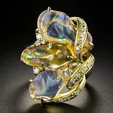 Free Form Mexican Opal And Diamond Ring Jelly Opal Diamond Sparkle Diamonds