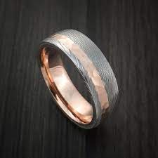 Damascus Steel Ring With 14k Rose Gold Hammered Inlay And Gold Sleeve Custom Made Band Damascus Steel Ring Mens Wedding Rings Titanium Wedding Rings