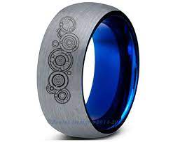 Dr Who Gallifreyan Brushed Blue Tungsten Rings For Men Blue Tungsten Wedding Bands Blue Tungsten Ring