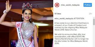 Miss malaysia world 2016 was held at the corus hotel, kuala lumpur on august 28, 2016. Winner Of Miss Malaysia World 2016 17 Tatiana Kumar Nandha Is Stripped Of Her Title