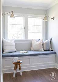 Waiting for the custom fitted cushion to arrive to go on top! Serena Lily Dip Dyed Stool Beside A Reading Nook Window Seat Completed With A Blue Upholstered Cushion Bedroom Nook Reading Nook Window Seat Built In Daybed