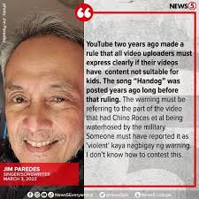 Ipinaliwanag ni Jim Paredes, composer ng “Handog ng Pilipino sa Mundo” kung  bakit may lumalabas na “viewer discretion advise” kapag pinapanood sa  YouTube ang video ng nabanggit na awitin. Tingnan 👉 https://bit.ly/3MfkpNT