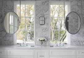 Unique design is also great for any space that needs a unique design element. Sink Vanity Mirrors Hung From The Ceiling Transitional Bathroom