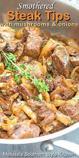 For my smothered steak, i use an onion gravy and sirloin steak. Smothered Steak Tips With Creamy Mushrooms And Onions Melissassouthernstylekitchen Com