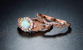 White Fire Opal Halo Engagement Ring Set In 18k Rose Gold Opal Wedding Rings Rose Engagement Ring Engagement Rings Opal