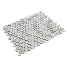 Mohawk phase mosaics stone and glass wall tile random at menards. Mohawk Ristoria Calacatta Gold 11 X 13 Glazed Ceramic Penny Round Mosaic Tile At Menards