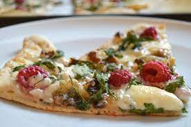 Raspberry Brie And Goat Cheese Pizza With Arugula Walnuts And Parmesan Cream Because I Like Recipes Food Goat Cheese Pizza