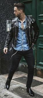 Magic Fox With A Black Leather Zipper Jacket Denim Button Up Shirt Black Denim Black Leather Chels Mens Fashion Denim Jackets Men Fashion Leather Jacket Men