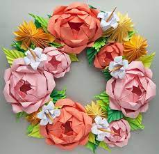 Valentine Day Wreath Pink Rose And Yellow Dahlia Origami Etsy Paper Flowers Paper Wreath Origami Wreath