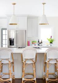 White Kitchen With Serena Lily S Goodman Pendant And Riviera Counter Stools Image Via J Barron Interi French Bistro Chairs Bistro Chairs Home Decor Kitchen