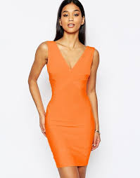 Wow Couture Orange Bandage Plunge Front Dress L Mini Bodycon Stretchy Gold Label Vestidos Ajustados Vestidos