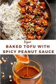 Crispy Baked Tofu With A Spicy Peanut Sauce Tofu Recipes Healthy Tofu Recipes Vegan Recipes