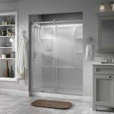 Delta Portman 60 In X 71 In Semi Frameless Contemporary Sliding Shower Door In Nickel With Clear Glas Sliding Shower Door Shower Doors Frameless Shower Doors
