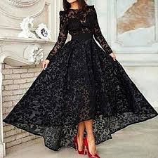Black Lace Hi Low Evening Dresses Long Sleeves Prom Dresses Front Short Long Back Party Prom Dresses Long With Sleeves Lace Evening Gowns Lace Evening Dresses