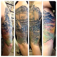 Shipwrecked Half Sleeve Done By The Incredible Tyler Pennington At The Yellow Rose Tattoo Club In Kernersville Nc Yellow Rose Tattoos Tattoos Rose Tattoo