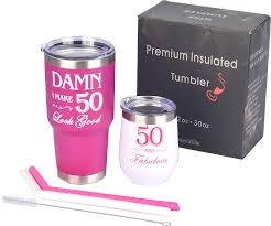 Another 50th birthday idea is to frame 5 photos from the person's life (for example as a baby, in childhood, at graduation, wedding day, with a newborn baby, recent family photo) etc. Home Tumblers 50th Birthday Gifts For Women 50th Birthday Tumbler Set Her 50th Birthday Gifts Idea 50 And Fabulous Wine Tumbler 50 And Fabulous Tumbler For Women Sister 50th Birthday Presents For Friends