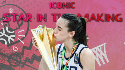Caitlin Clark holding her MVP honor at a FIBA international tournament, do AI tạo