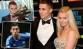 Thorgan hazard with marie kindermans source: Thorgan Hazard Scoops Award To Give Chelsea Fans Reason To Cheer Daily Mail Online