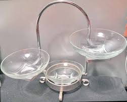 Hazel Ware Simplicity 3 Tier Glass Bowl Art Deco Chrome Snack Stand