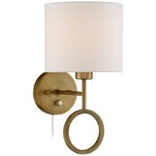 360 Lighting Wall Lamp Plug In Warm Brass Ring White Drum Shade For Bedroom Living Room Reading In 2020 Plug In Wall Lamp Wall Lamp Plug In Wall Sconce