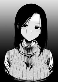 ice reizou, shibasawa yuri, shounen no abyss, commentary request, 1girl,  black eyes, black hair, blush, breasts, closed mouth, gradient background,  greyscale, long hair, looking at viewer, medium breasts, monochrome, parted  bangs, smile,