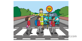 Children Crossing Road With Lollipop Lady Illustration Twinkl