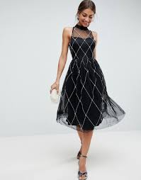 Asos Premium High Neck Pearl Embellished Midi Prom Dress Black Midi Dress Party Sheer Prom Dress Sheer Overlay Dress