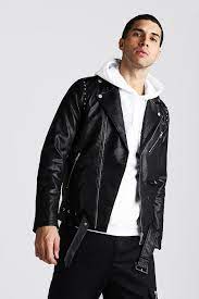 Faux Leather Biker Jacket With Studs Boohooman Faux Leather Biker Jacket Leather Biker Jacket Biker Jacket