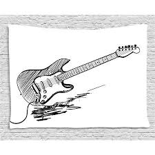 Black And White Electric Guitar Drawing Guitar Tapestry Hand Drawn Style Electric Guitar On White Backdrop Rock Music Accords Sketch Art Wall Hanging Eclectic Bedroom Guitar Doodle Dorm Decorations