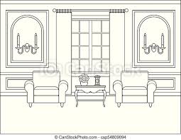 A living room with either red or black as dominant color hopes to reinforce the courageous trait in its owner every day. Living Room Interior In Flat Design Linear Vector Illustration Room Interior Vector Outline Living Room Coloring Page Canstock