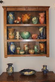 My Roseville Pottery Collection Display Cabinet Created By My Husband Of Quarter Sawn Oak Roseville Pottery Vintage Pottery Display Vintage Pottery Planters