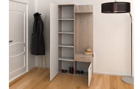 Un ensemble de meuble d'entrée laqué blanc design qui réunit, 1 meuble de rangement blanc brillant, 1 vestiaire mural blanc brillant avec étagère et tringle, 1 miroir sur fond blanc, des meubles d'entrée ensemble d'entrée compact blanc brillant. Meuble D Entree Bois Clair Chaussures Penderie Et Tiroir