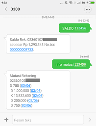 Selain bisa cek nomor rekening bri di buku tabungan, anda juga bisa mengetahuinya melalui mesin atm. Cara Sms Banking Bri Transfer Cek Saldo Mutasi Beli Pulsa
