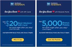 Shoppers save an average of 20.0% on purchases with coupons at bestwestern.com, with today's biggest discount being 30% off your purchase. Best Western Earn 5k Points Per Night For 3 Nights Or 20 Gift Card Per Night For 5 Nights Then 5k Points Per 5 Nights