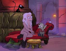 1boy boots breasts buckteeth calarts casual chaise lounge demon  demon boy disenchantment elf elfo female footwear functionally nude green  skin hair down human light skin looking at another looking
