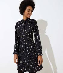 Floral Tie Neck Flare Dress Loft Floral Shirt Dress Long Sleeve Floral Dress Flattering Dresses