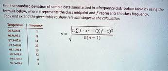 Solved Find The Standard Deviation Of Sample Data Summarized In A Frequency Distribution Table By Using The Formula Below Where X Represents The Class Midpoint And F Represents The Class Frequency Copy And