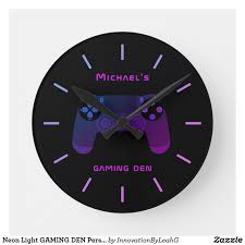 Neon Light Gaming Den Personalized Gamers Gift Round Clock Zazzle Com Gamer Gifts Clock Xbox Gifts