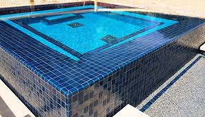 Lightstreams Gold Iridescent Collection Steel Blue 2x2 Tiles On The Outside Of This Spa With Renaissance Collection Aqua Outdoor Decor Installation Steel Blue