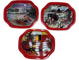 3 PC Set Vintage Metal Tin Serving Snack Trays Christmas Theme Santa Red  Green Santa Sleigh Ride 3 Small Tin Christmas Trays,elves at Work