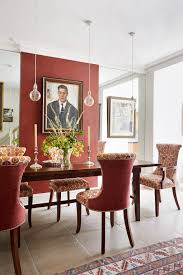 Round objects, like the mirror above, help the room to feel not so rectangular and long. West London Townhouse Dining Room With Red Decor Scene Therapy